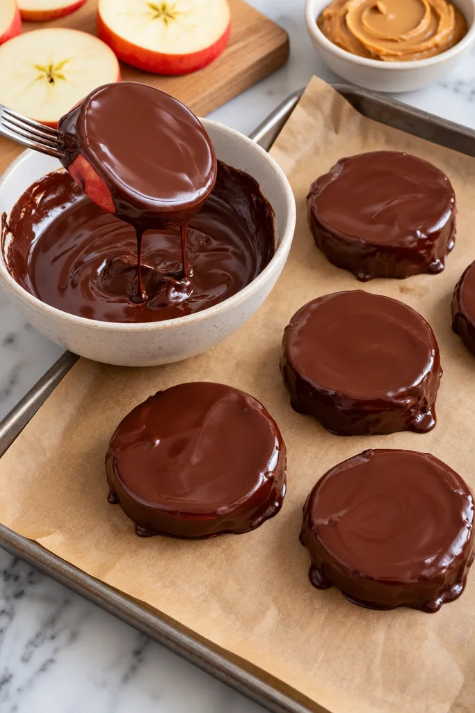 Easy Halloween Spider Apples Recipe 5 Chocolate-Covered Apple Slices in Progress