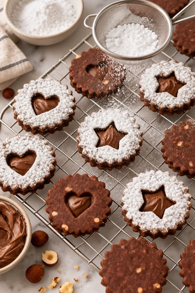 Easy Chocolate Linzer Cookies Recipe 6 Dusting Cookies with Powdered Sugar