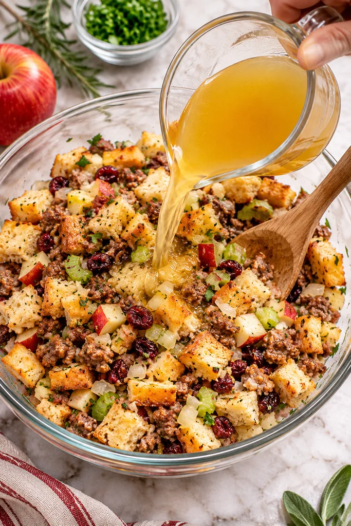 Golden Broth Pouring into Cranberry Apple Sausage Stuffing 