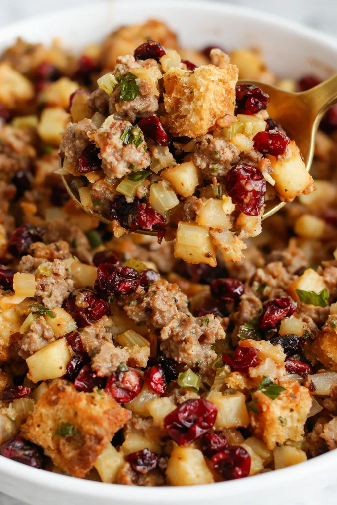 Golden cranberry apple sausage stuffing serving