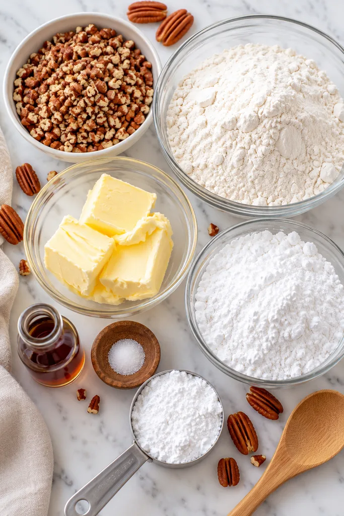 Southern Pecan Butterballs 3 Southern Pecan Butterballs Baking Ingredients Flat Lay