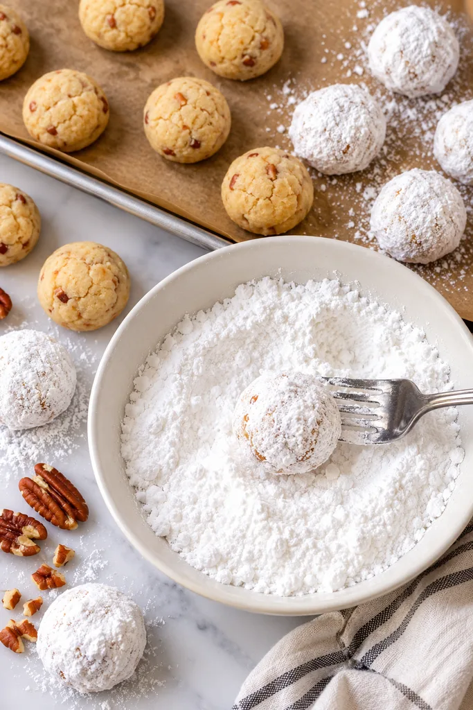 Southern Pecan Butterballs 2 Southern Pecan Butterballs in Powdered Sugar