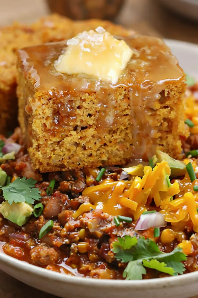 Pumpkin Cornbread served with beef chili