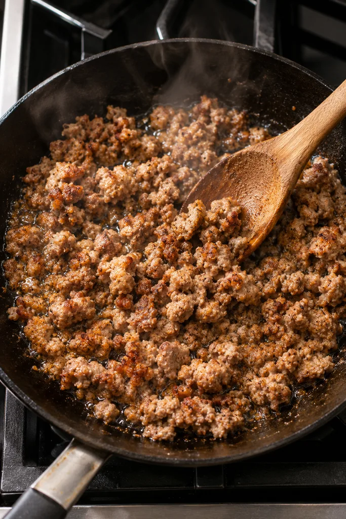 Sizzling Browned Sausage in Skillet