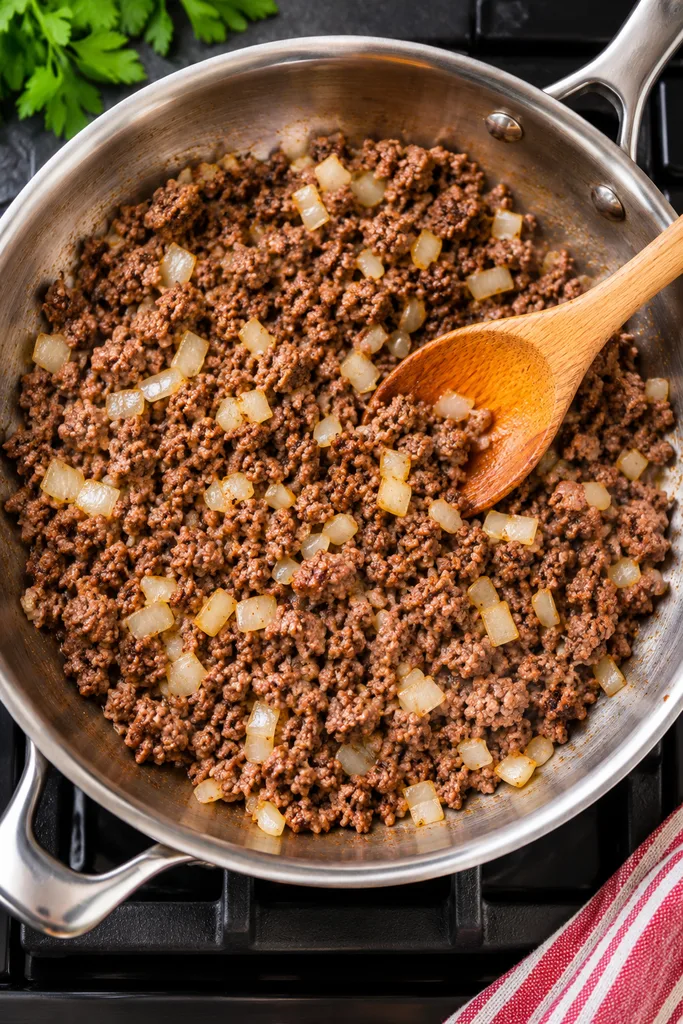 One-Pot 5-Ingredient Creamy Beef Pasta 4 Brown the Beef and Onion