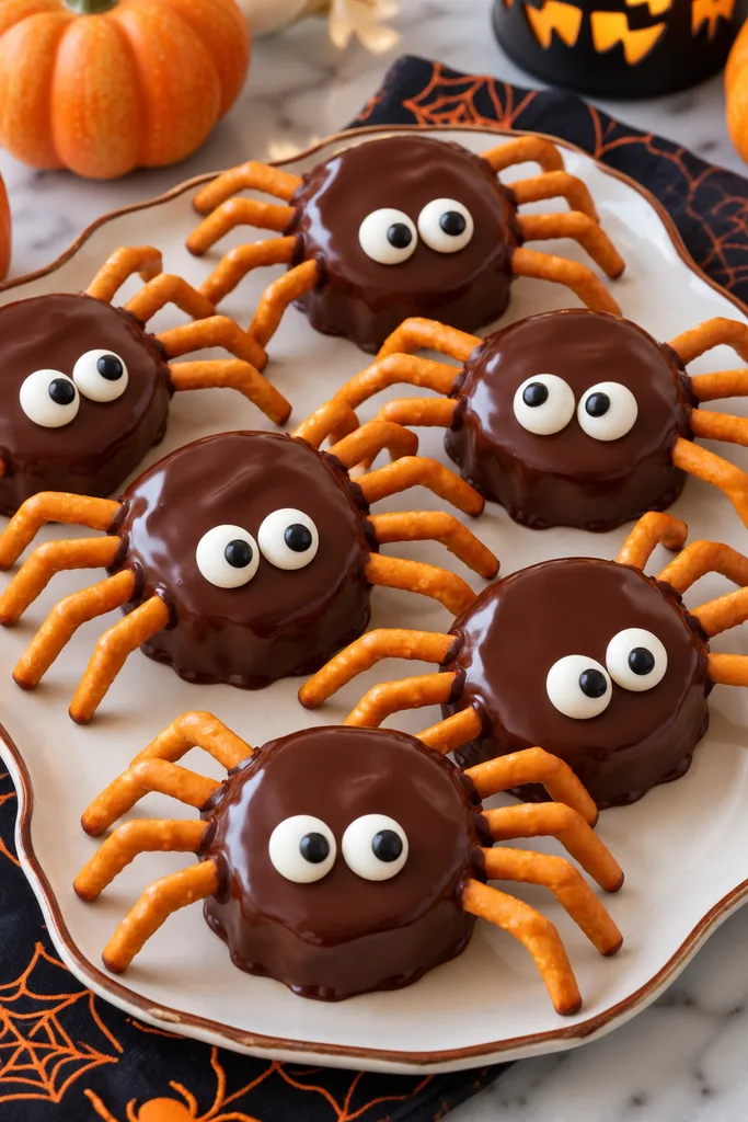 Easy Halloween Spider Apples Recipe 8 Chocolate Spider Treats on a Halloween Plate